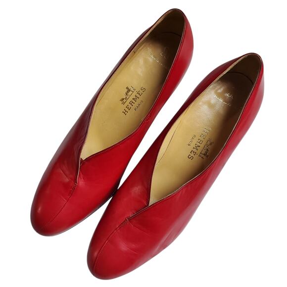Vintage Hermès Red Leather Heels Rare Round Closed Toe - Size 36.5 EU - Picture 5 of 10